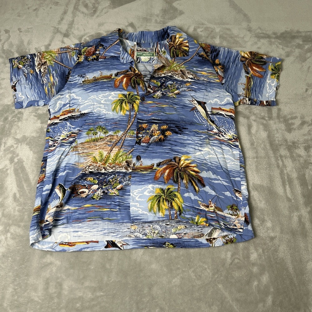 Vintage Reyn Spooner Hawaiian Shirt Teen Large 14-16 Blue Palm Tree Rayon Aloha